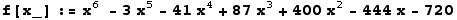 f[x_] := x^6 - 3 x^5 - 41 x^4 + 87 x^3 + 400 x^2 - 444 x - 720