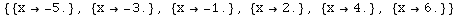 {{x→ -5.}, {x→ -3.}, {x→ -1.}, {x→2.}, {x→4.}, {x→6.}}