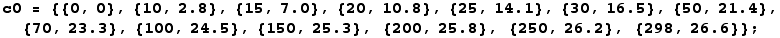 c0 = {{0, 0}, {10, 2.8}, {15, 7.}, {20, 10.8}, {25, 14.1}, {30, 16.5}, {50, 21.4}, {70, 23.3}, {100, 24.5}, {150, 25.3}, {200, 25.8}, {250, 26.2}, {298, 26.6}} ;