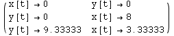 ( {{x[t] →0, y[t] →0}, {y[t] →0, x[t] →8}, {y[t] →9.33333, x[t] →3.33333}} )