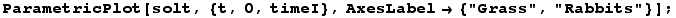 ParametricPlot[solt, {t, 0, timeI}, AxesLabel→ {"Grass", "Rabbits"}] ;