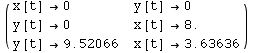 ( {{x[t] →0, y[t] →0}, {y[t] →0, x[t] →8.}, {y[t] →9.52066, x[t] →3.63636}} )