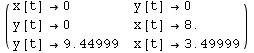 ( {{x[t] →0, y[t] →0}, {y[t] →0, x[t] →8.}, {y[t] →9.44999, x[t] →3.49999}} )