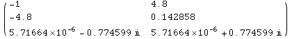 ( {{-1, 4.8}, {-4.8, 0.142858}, {5.71664*10^-6 - 0.774599 , 5.71664*10^-6 + 0.774599 }} )