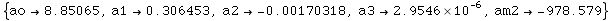 {ao→8.85065, a1→0.306453, a2→ -0.00170318, a3→2.9546*10^-6, am2→ -978.579}